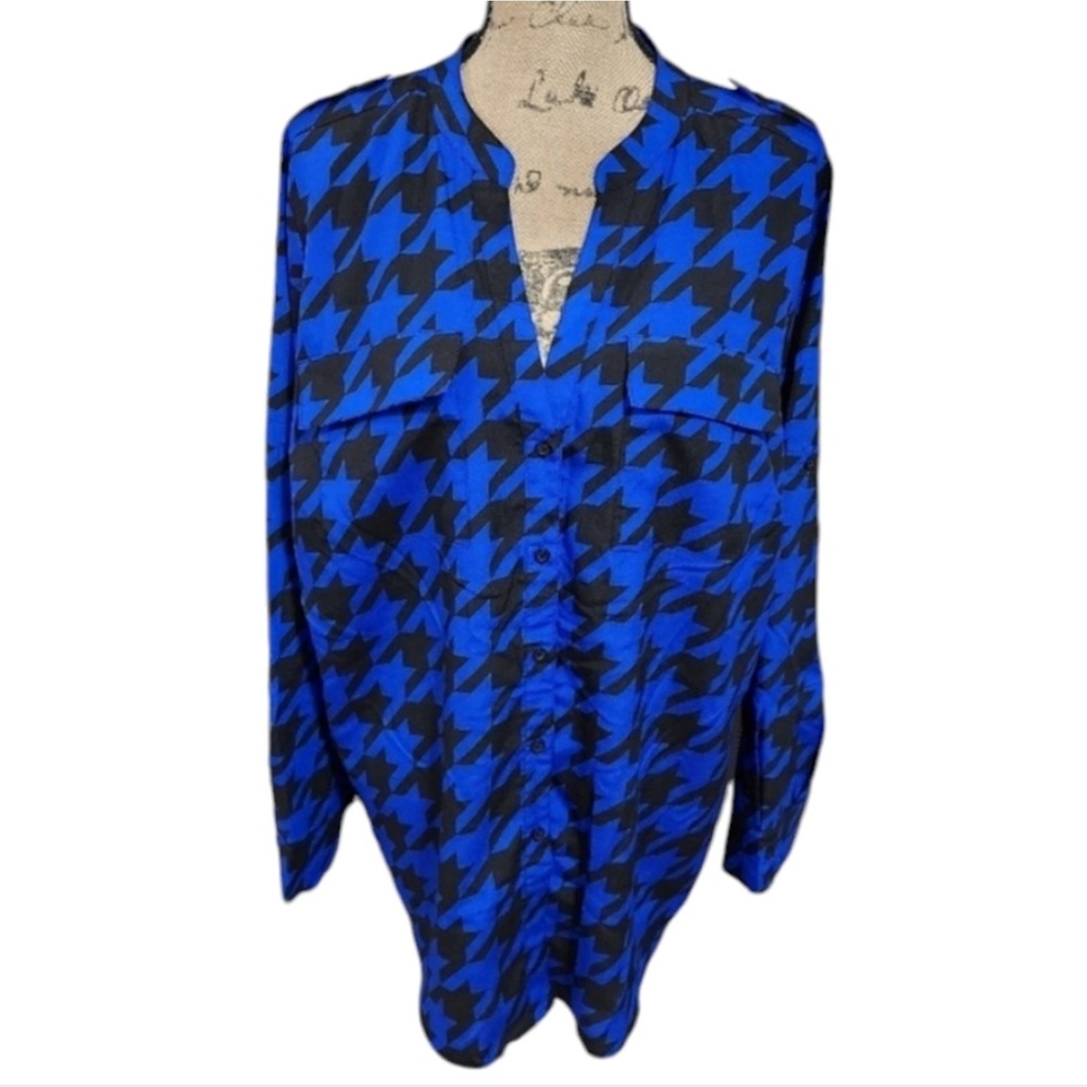 Calvin Klein Womens 0X‎ Blue Black Houndstooth Button Up Blouse Epaulettes Top